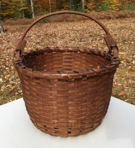 Antique Prim Hand Woven and Weaved Wood Splint Gathering Basket & Swing Handle - Picture 1 of 1