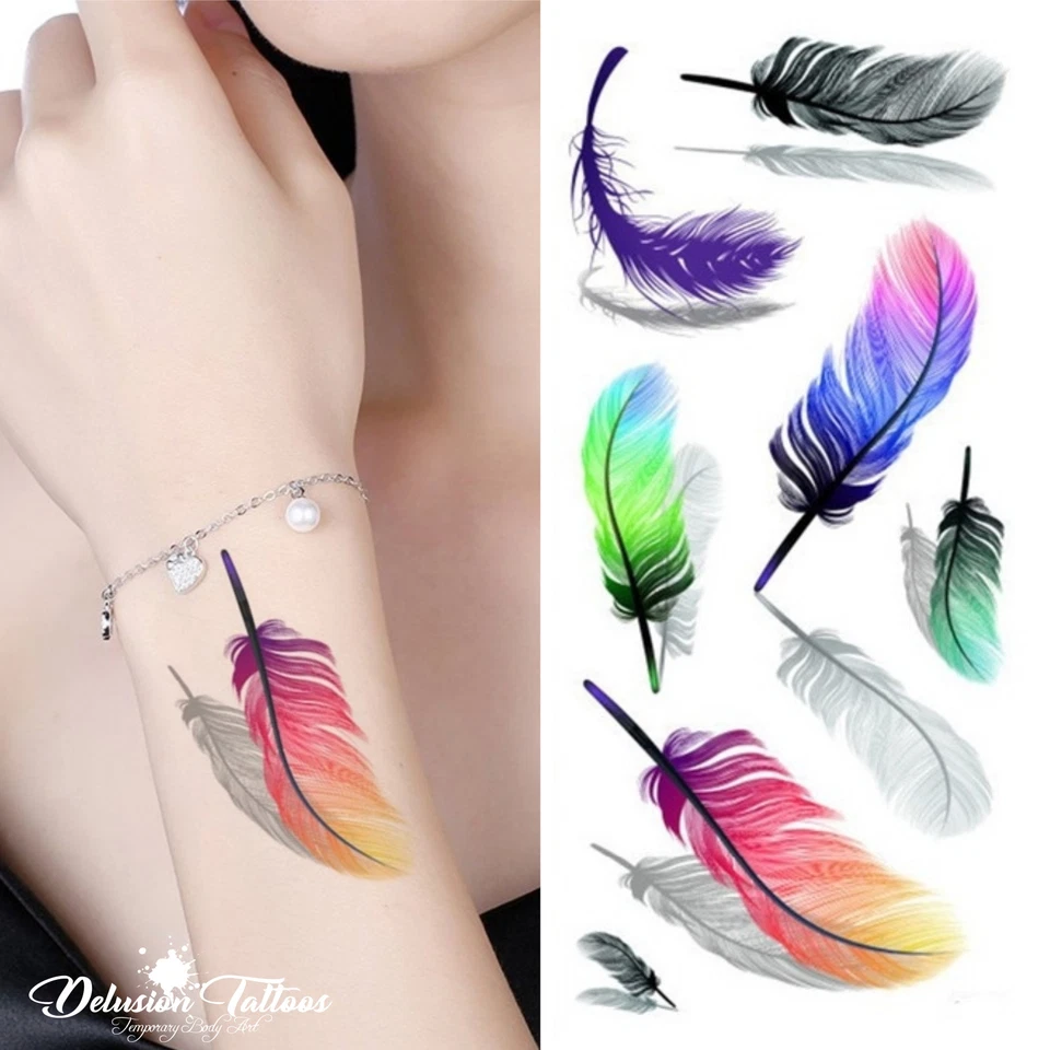 DELUSION TATTOOS 3D Feathers Temporary Tattoos - Set of 8 - Black Pink Body Art Waterproof Womens