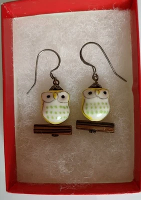 Handmade & Painted Yellow/Green/Brown Ceramic Owl Dangle Earrings. Unique Rare  - Image 1 of 4