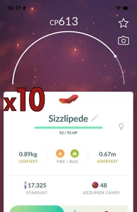 ¡Paquete de 10 Pokémon Sizzlipede!! ¡Buena oportunidad de suerte y buenos IV!! Go - Imagen 1 de 1