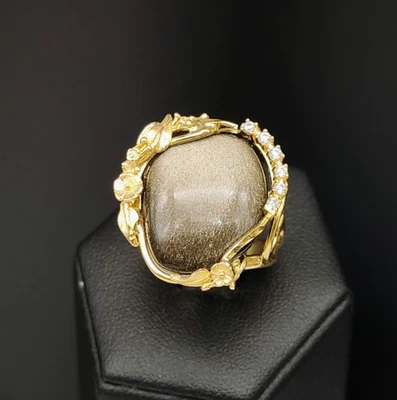 Anello donna ossidiana gold naturale argento 925 plac oro giallo fatto a mano - Immagine 1 di 4