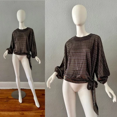 Винтажный 70-х Lurex диско богемное галстук доломан вечеринки блузка L/XL - Изображение 1 из 4