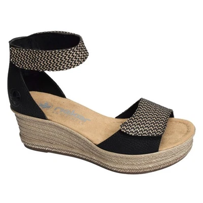 Sandale compensée imitation cuir noir double velcro semelle duveteuse 38 RIEKER - Photo 1/4