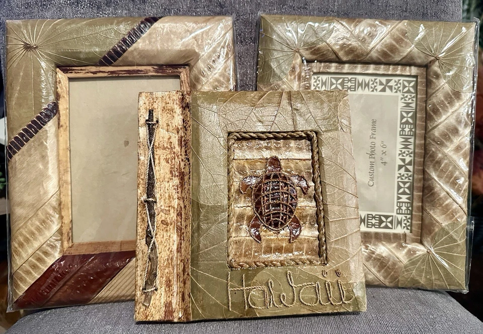 Set Of 3 Vintage Sea Turtle Banana Leaf & Wood Photo Album Scrapbook & 2 Frames - Image 1 of 4