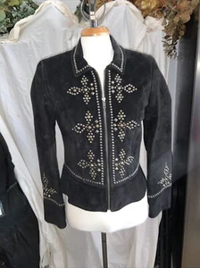 Giacca pelle scamosciata nera Double D Ranch Wear borchie zip intera taglia XS - Foto 1 di 12