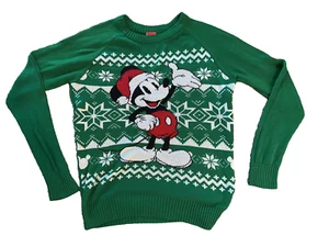 Disney Mickey Mouse Sweater Juniors Large Green Crew Neck Christmas Chest 40" - Picture 1 of 5