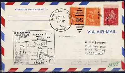 Cover First Flight United States, 1949. Dallas to Mill Valley. Dallas Area. - Image 1 of 3