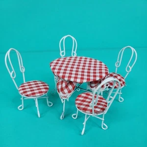 Vintage 5 PC Miniature Dollhouse White Wire Bistro Table & Chair Set Red Gingham - Picture 1 of 11