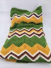 VTG 70's Handmade Crochet Afghan Sofa Blanket 104"x58" Chevron Green Gold Brown