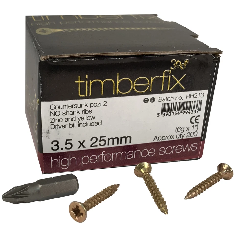 6g 3.5mm x 25mm PREMIUM CUTTER THREAD WOOD SCREWS POZI CSK TIMBERFIX 360 GOLD