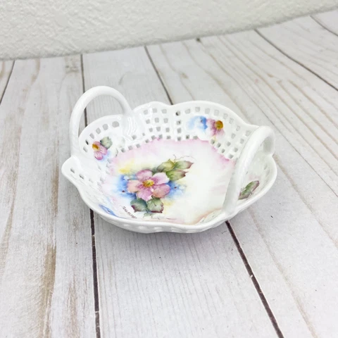 Vintage Basket Shaped Trinket Dish Hand Painted Floral Signed Cover