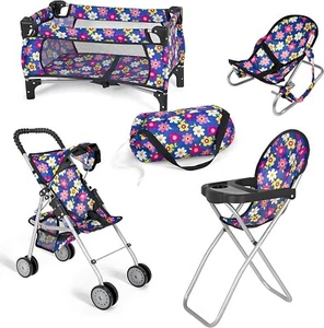 Complete Baby Doll Nursery Playset - 4 Piece Stroller, High Chair & Pack N Play - Picture 1 of 9