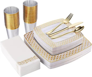Platos desechables para fiestas elegante bodas kit completo de plastico 175 Pcs - Picture 1 of 8