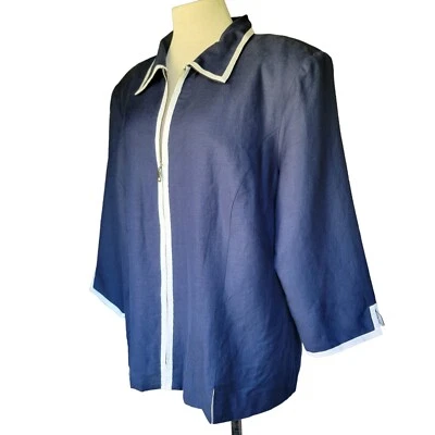 Jessica Howard Sz 18 women's Blue White Jacket Top Zip Long 3/4 Slv Linen Rayon. - Image 1 of 4