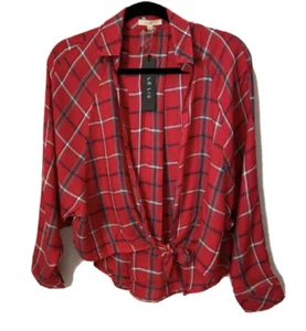 Le Lis Blouse Womens Medium Dolman Red Plaid Top Cropped Open Tie Cardigan - Picture 1 of 5