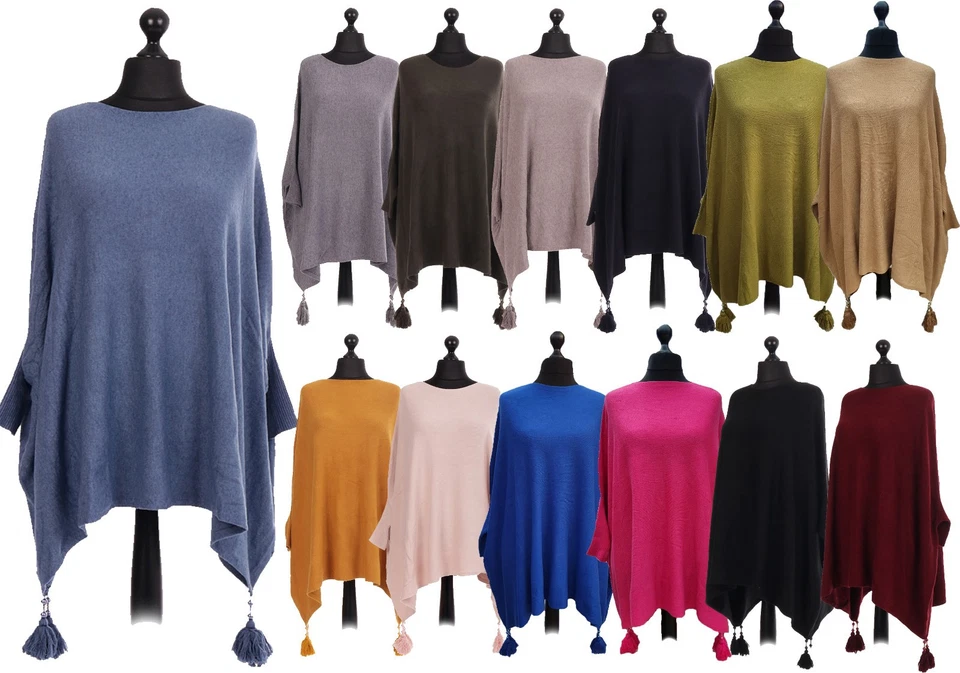 Ladies Round Neck Batwing Tassels Poncho Knitted Jumper Cape Winter Shawl Top - Image 1 of 1
