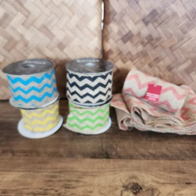 Lot of 6 Assorted Jute Ribbon Burlap Ribbon Chevron Red Green Yellow Blue Black - Image 1 of 4