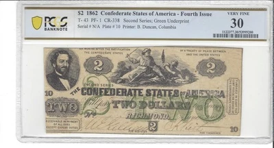 1862 $2 Confederate Note, T-43, PF-1, CR-338, Tough Grade! - Image 1 of 2