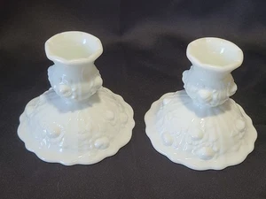 Pair 2 Vintage Fenton Cabbage Rose White Candle stick Holder Milk Glass 3.5" - Picture 1 of 15