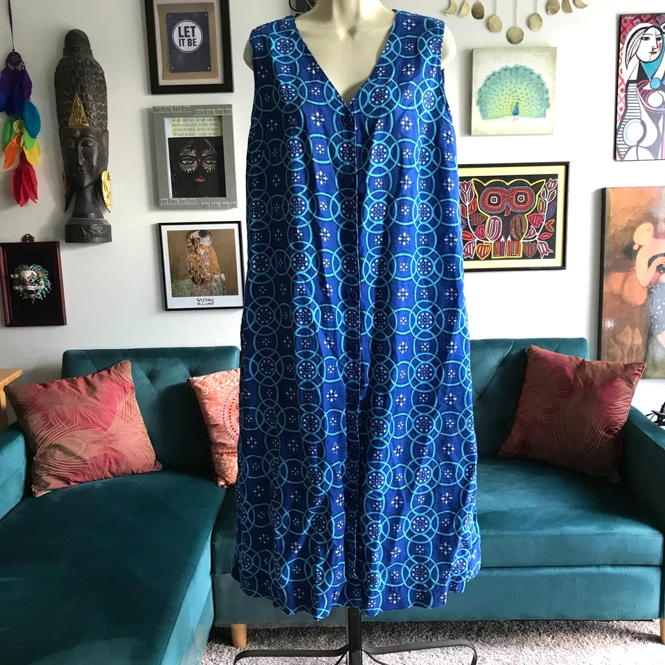 Vestido LIZ CLAIBORNE Talla XL Azul Estampado Geométrico Sin Mangas Mezcla de Lino Bolsillos Foto 1 de 4