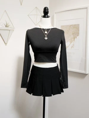 MICHI Black Long Mesh Sleeve Boat Neck Open Back Crop Top  Size M Athleisure Gym - Image 1 of 4