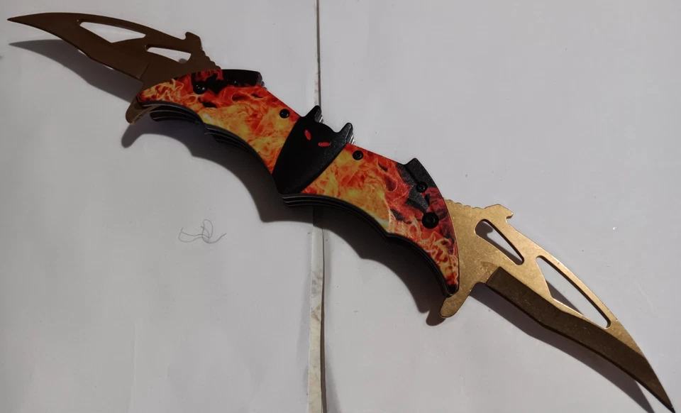 NEW Batman 12 Fire GOLD Dual Blade Spring Assisted Folding Bat Pocket Knife - Image 1 of 1