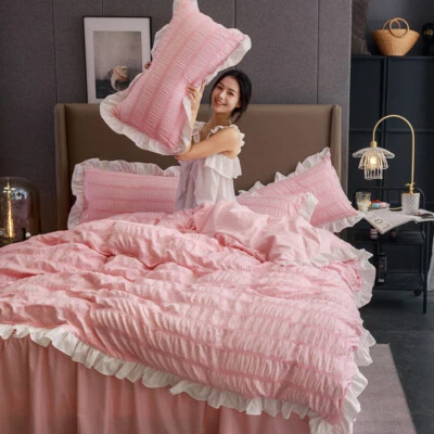 Korean Style Ruffled Seersucker Puff Lace Four-Piece Set Princess Bedding Set - Image 1 of 4