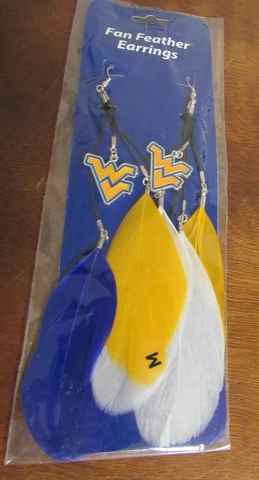 West Virginia Mountaineers ~Fandom~ Feather Earrings ~6.5" Blue & Gold (NIP) Cover