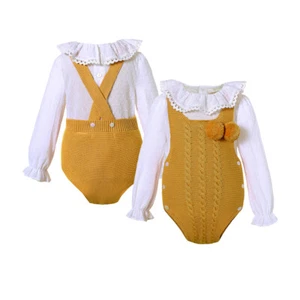 Toddler Baby Girls Knitted Rompers Yellow Sweater Jumpsuit w/ White Shirt Outfit - Picture 1 of 10