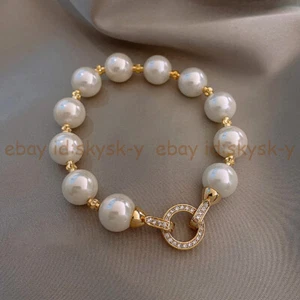 8/10/12/14mm South Sea White Shell Pearl Round Beaded Jewelry Bracelets 7.5'' - Picture 1 of 9