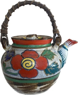 Early 20th Century Japanese Stoneware Colorful Teapot Wooden Handle Vintage - Image 1 of 4