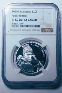 Switzerland 2020B 20 Francs NGC Proof 69 Ultra Cameo~Roger Federer Tennis~Fr/Shi - Picture 1 of 2