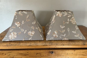 2 Square Floral Embroidered Fabric Lamp Shades Taupe Gray Beige 10"x6"x14" - Picture 1 of 14