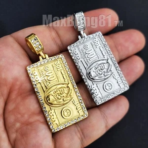 Iced Hip Hop Style Stainless steel Cubic Zirconia $100 Bill Money Charm Pendant - Picture 1 of 6