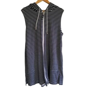 Kim Rogers Navy Blue and White Striped Hooded Zip Front Swimsuit Beach Cover Up - Picture 1 of 4