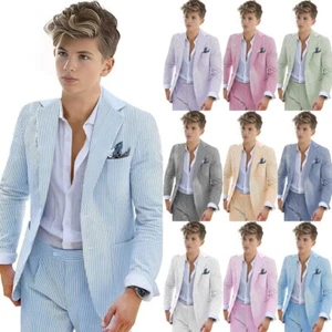 Boys Seersucker Suit 2 Piece Tuxedo for Boys Summer Beach Wedding Blazer Pants - Picture 1 of 29