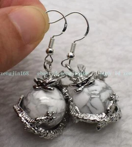White Howlite Beads Drop Earrings Natural Stone Silver Tone Hook Gemstone Simple - Picture 1 of 12