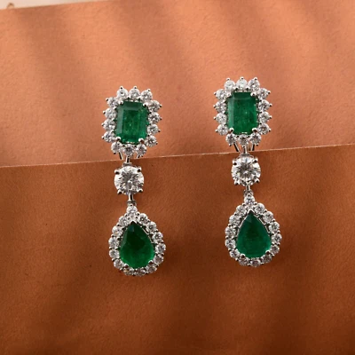 5.77 Tcw Lab Grown CVD Diamond Zambian Emerald Dangle Earrings 14k White Gold - Image 1 of 4