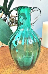 Vintage MCM Mid Century Blown Glass Wine Bottle Decanter Jug Green W/Handle - Picture 1 of 8