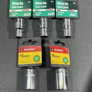 5- 1/2” Drive, 6 Point Great Neck Sockets, 10mm 12mm 13mm 15mm 19mm, Shallow - Picture 1 of 6