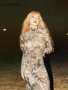 Cutenew Women's Elegant O-neck Body Printed Maxi Dress Full Sleeves Body-shaping - Picture 1 of 24