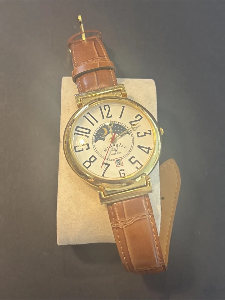 Винтажные мужские часы Wrangler 42 мм Moon Phase дата коричневый кожаный ремешок непроверенные как есть - Изображение 1 из 4