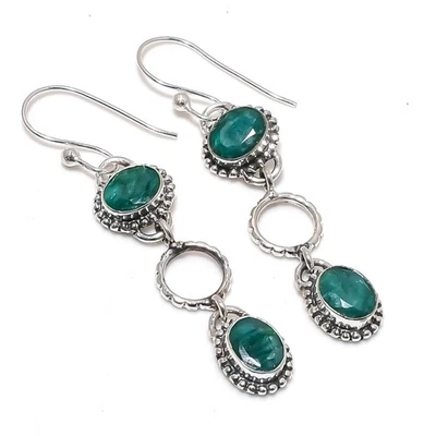Lab-Created Emerald Gemstones Handmade 925 Steling Silver Jewelry Earrings - Image 1 of 4