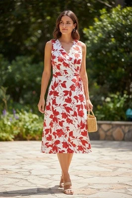 Vestido midi Banana Republic rojo blanco estampado floral sin mangas talla 20 2X talla grande Foto 1 de 4