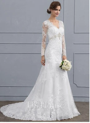 Abito da sposa tromba/sirena scollo a V corte treno tulle pizzo (bianco)... - Immagine 1 di 2