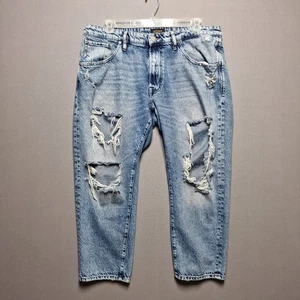 Jack & Jones Intelligence Frank Cropped Jeans Mens 38x32 Blue Denim Distressed - Picture 1 of 17