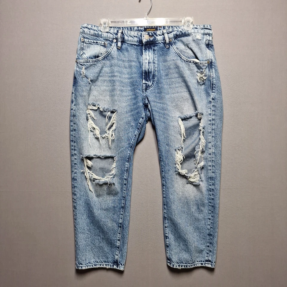 Jack & Jones Intelligence Frank Cropped Jeans Mens 38x32 Blue Denim Distressed - Image 1 of 4