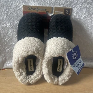 ๐ Dearfoam Women's Comfort Slippers With Plush Trim Size 5-6 Black /White - Picture 1 of 7