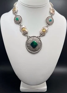 CHICO’S Silver / Gold Tone Medallion Link Necklace Green Enamel 16.5” - 20” - Picture 1 of 7