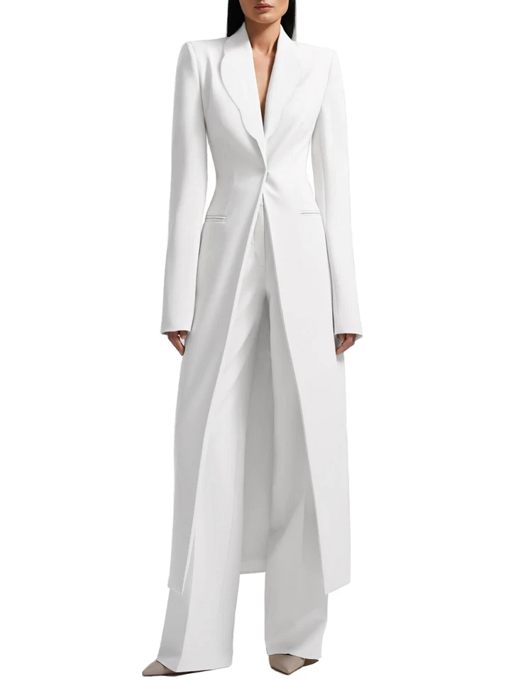 Moda Mujeres Conjunto de Traje Calce Ajustado Chaqueta Larga Pantalones 2 piezas Cóctel Pecho Único Foto 1 de 4